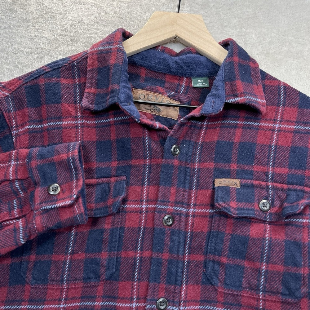 Orvis Perfect Flannel Shirt Mens Medium Heavy Cotton Tartan Plaid Red Navy Blue